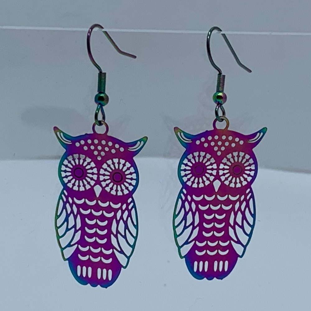 NWT. Handmade Shimmering Iridescent Rainbow Metal Owl Earrings!